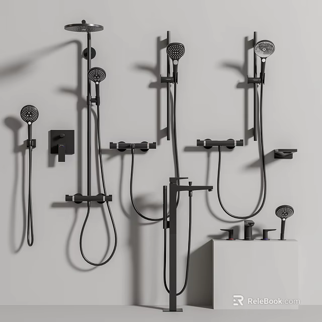 Modern Black Shower System With Wall Mounted Multiple Heads And Fixtures 3d model 