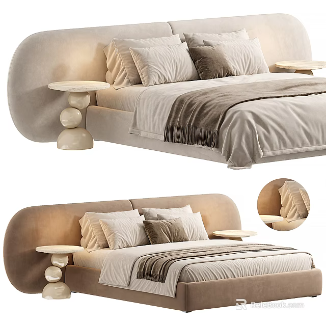 Modern Velvet Double Bed With Curved Headboard Bedside Tables Decorative Pillows And Soft Throw Blanket 3d model 