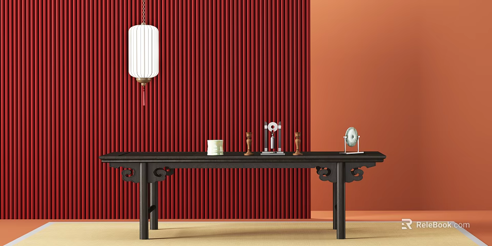 Traditional Black Console Table With Red Vertical Striped Backdrop And Decorative Lantern Ornaments 3d model