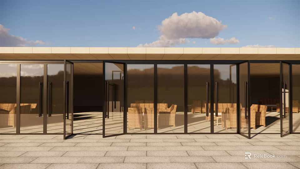 Modern Building With Large Glass Doors And Wooden Tables Inside Stone Tile Floor 3d model 