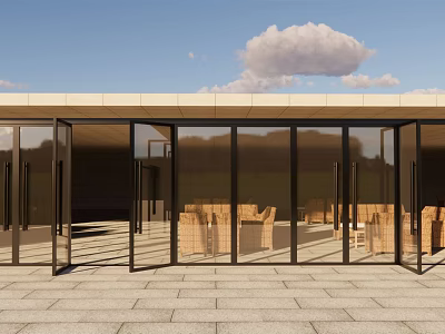 Modern Building With Large Glass Doors And Wooden Tables Inside Stone Tile Floor 3d model