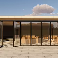 Modern Building With Large Glass Doors And Wooden Tables Inside Stone Tile Floor