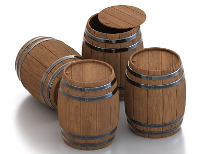 Brown Wooden Barrels With Metal Hoops And Lids In Upright Tilted Positions On White Background 3d model