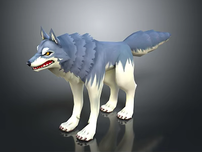 Animated 3D Wolf Character With Blue Gray White Fur And Yellow Eyes Standing Pose 3d model