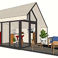Modern Wooden Cabin Exterior With Patio Furniture Green Plant And Windows
