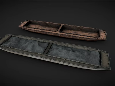 Old Rusted Metal Boats With Gray Padding Inside On Dark Background 3d model