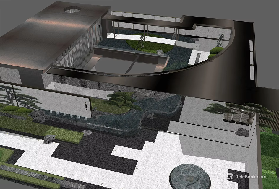 Modern Garden Landscape Design With Pond Stone Paths Green Plants And Circular Decor 3d model 