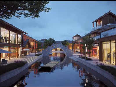 Charming Traditional Commercial Street With River Stone Bridge And Shopfront Reflections 3d model