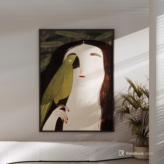 Interior Decorative Painting Featuring Woman Green Parrot And Leaves Background 3d model 