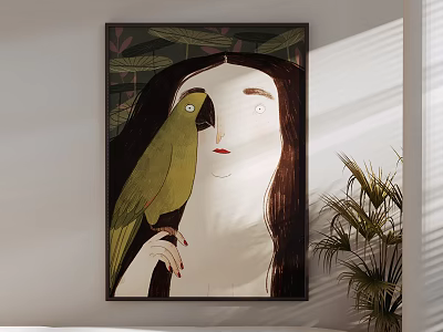 Interior Decorative Painting Featuring Woman Green Parrot And Leaves Background 3d model
