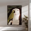 Interior Decorative Painting Featuring Woman Green Parrot And Leaves Background
