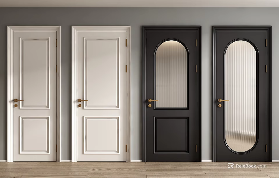 White and Black Hinged Doors Featuring Glass Panels and Golden Handles for Interior 3d model 