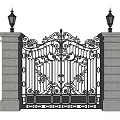Ornate Iron Gate with White Pillars and Black Lanterns Classic Decorative Design