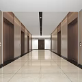 Modern Elevator Corridor Interior With Wooden Doors Tile Floor And Ceiling Lights 3d model