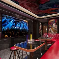 Modern KTV Interior Design With Red Sofa Stools Table And Colorful Ceiling Mural Lighting 3d model