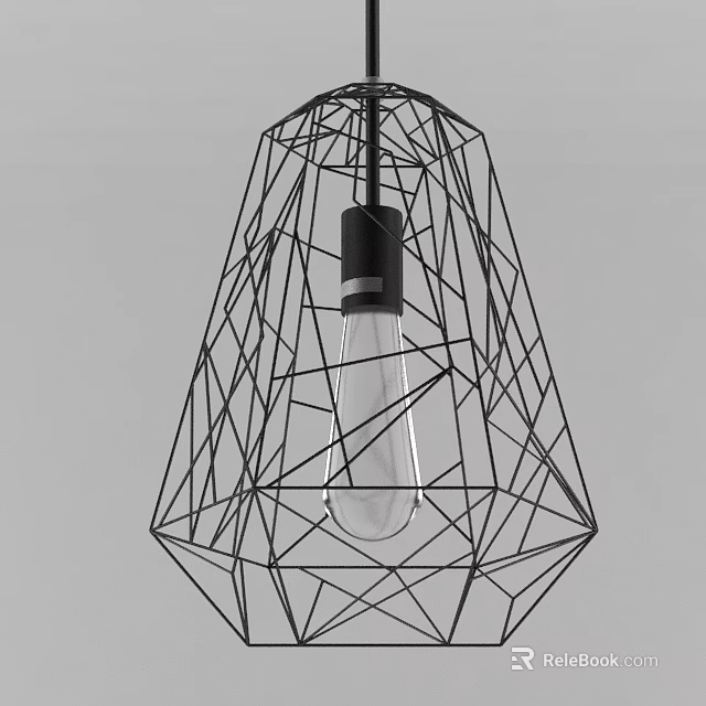 Modern Geometric Pendant Light With Black Metal Wire Frame And Clear Glass Bulb 3d model 