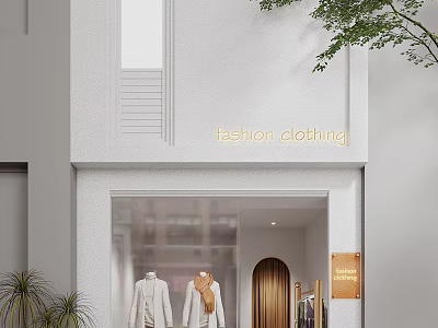 Fashion Clothing Storefront With White Facade Mannequins And Golden Door Signage 3d model