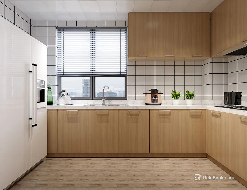 Modern Wooden Kitchen Interior With White Tiled Wall Window Sink Coffee Maker And Small Plants 3d model 
