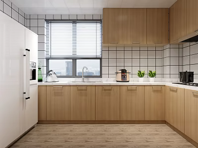 Modern Wooden Kitchen Interior With White Tiled Wall Window Sink Coffee Maker And Small Plants 3d model