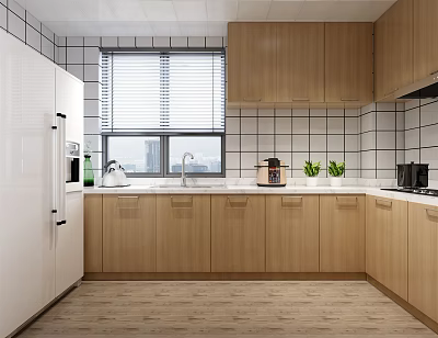 Modern Wooden Kitchen Interior With White Tiled Wall Window Sink Coffee Maker And Small Plants 3d model