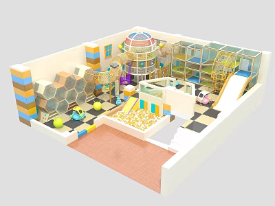Indoor Kids Playground Featuring Colorful Hexagonal Walls Slide Climbing Frame And Yellow Ball Pit 3d model