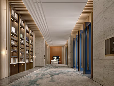 Elegant Hotel Corridor Interior With Wooden Bookshelves Patterned Carpet And Warm Lighting 3d model