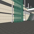 Modern Indoor Public Space With Glass Escalator White Columns Gray Tiled Floor And Spacious Design