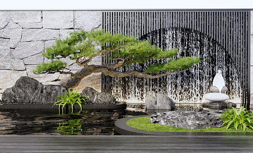 New Chinese style landscape sketch rockery waterscape flowing water landscape wall 3d model