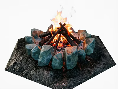 Bonfire Surrounded By Stone Circle With Burning Logs And Flames In Grass 3d model