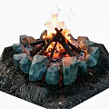 Bonfire Surrounded By Stone Circle With Burning Logs And Flames In Grass