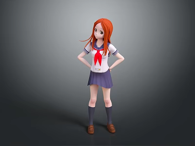 Red Haired Game Character In White Sailor Uniform With Red Bow Standing Hands On Hips 3d model