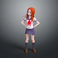 Red Haired Game Character In White Sailor Uniform With Red Bow Standing Hands On Hips