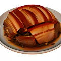 Braised Pork Belly Slices With Red And White Layers On White Plate