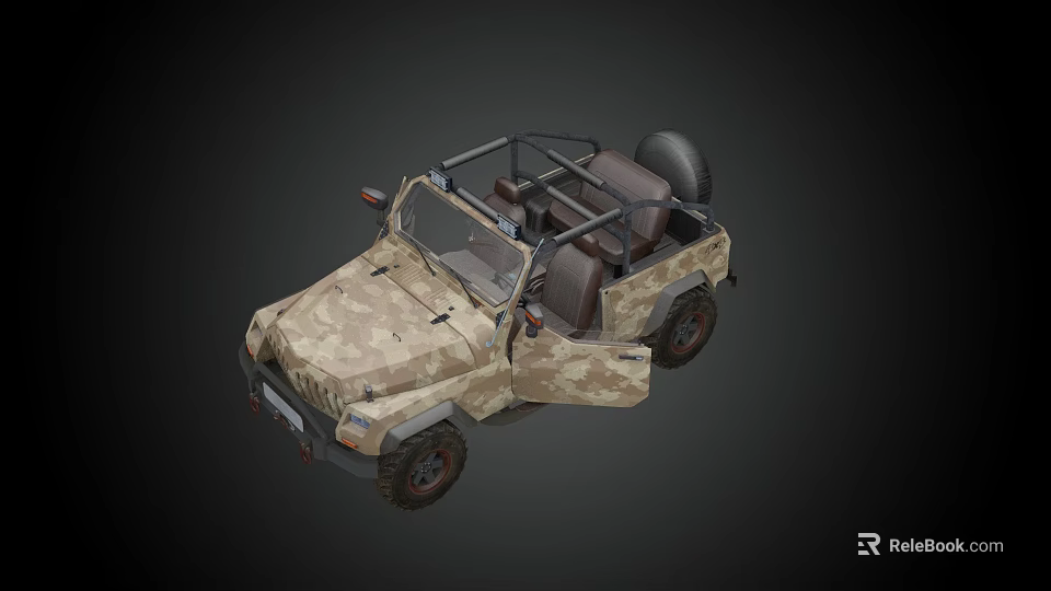 Camouflage Open Top Utility Vehicle With Off Road Design And Spare Tire 3d model 