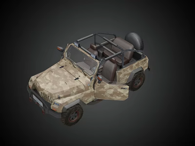 Camouflage Open Top Utility Vehicle With Off Road Design And Spare Tire 3d model