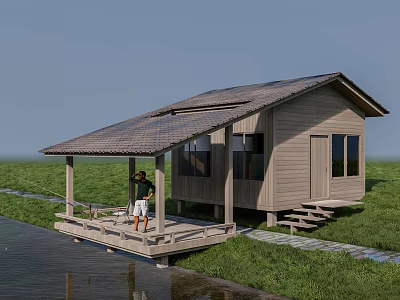 Wooden House With Roofed Deck Steps Waterfront And Green Grass Area 3d model