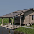 Wooden House With Roofed Deck Steps Waterfront And Green Grass Area