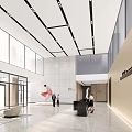 Front Desk Reception in Spacious Bright Lobby With Black Counter Marble Flooring and Glass Walls