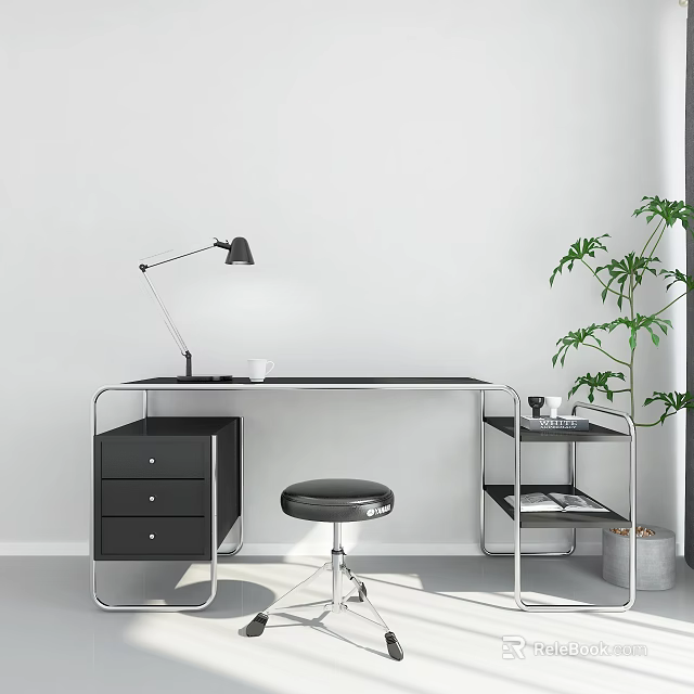 Modern Desk With Metal Frame Black Lamp White Mug Black Stool Green Plant And Bookshelf 3d model 