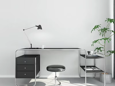 Modern Desk With Metal Frame Black Lamp White Mug Black Stool Green Plant And Bookshelf 3d model
