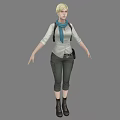 Blonde Woman In White Shirt Blue Scarf Black Pants And Black Boots