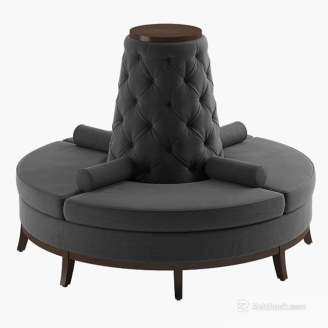 Modern Gray Round Sectional Sofa With Diamond Tufted Backrest Armrests And Wooden Legs 3d model 