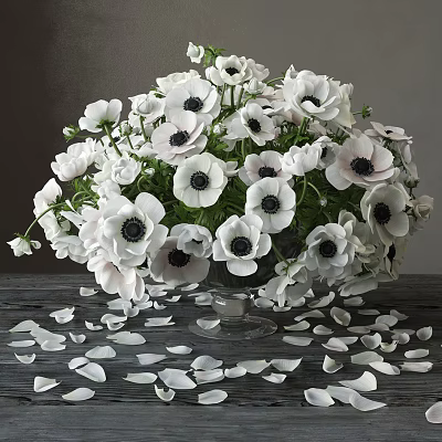 White Anemones with Black Centers in Clear Glass Vase on Dark Table with Scattered Petals 3d model