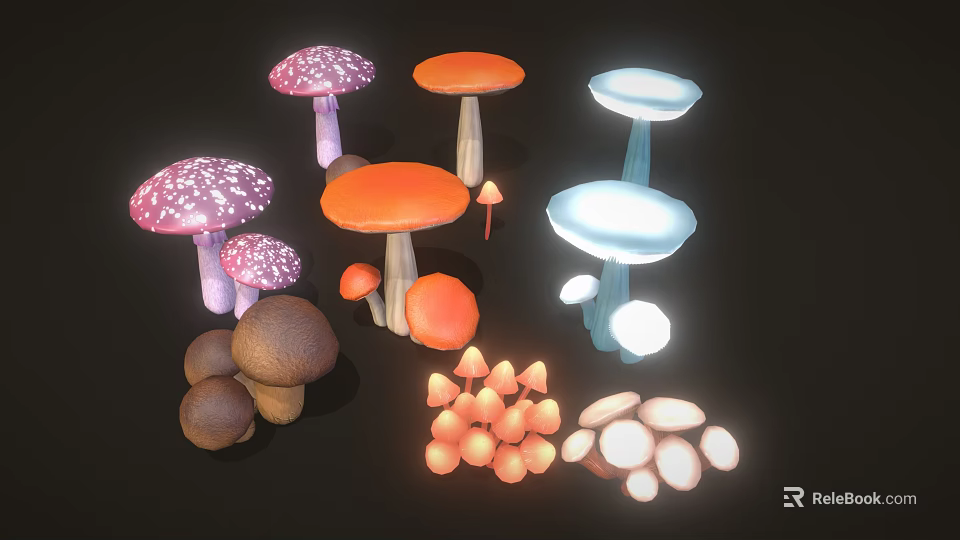 Vibrant Multicolored Mushrooms with Various Shapes and Colors on Dark Background 3d model 