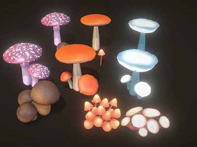 Vibrant Multicolored Mushrooms with Various Shapes and Colors on Dark Background 3d model