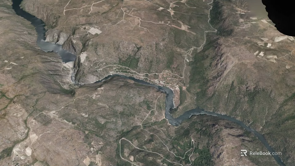 Mountain Terrain with Winding River Valley Landforms Roads and Vegetation 3d model