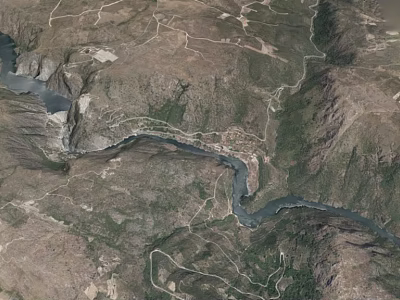 Mountain Terrain with Winding River Valley Landforms Roads and Vegetation 3d model