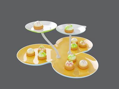 Colorful Assorted Small Pastries On Three Tiered Dessert Stand With Yellow White Plates 3d model