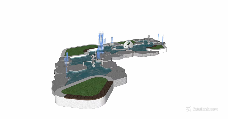 Stunning Water Fountain Landscape With Pool Lawn And Decorative Sprayers 3d model 