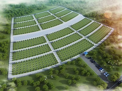 Aerial View Of Large Cemetery With Arranged Graves And Greenery 3d model